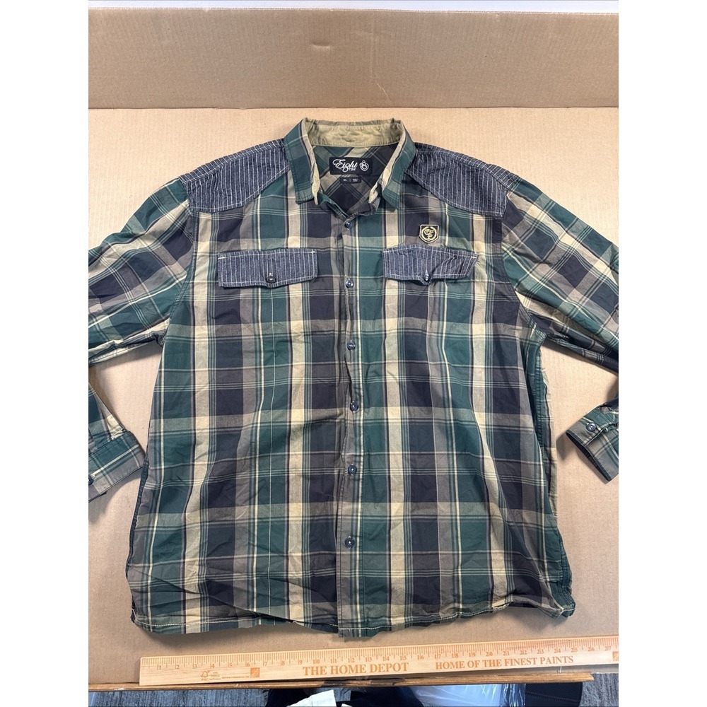 Eight 732 Mens Size 3XL Button Up Shirt Blue Green Plaid Relaxed Long Sleeve